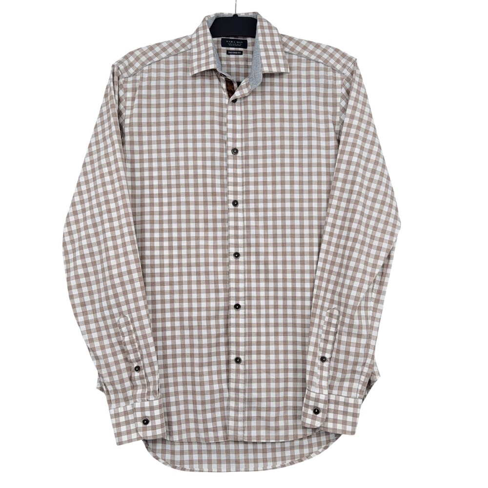 Zara Man Tailored Fit Men S 100% Cotton Brown White Gingham Button Down Shirt